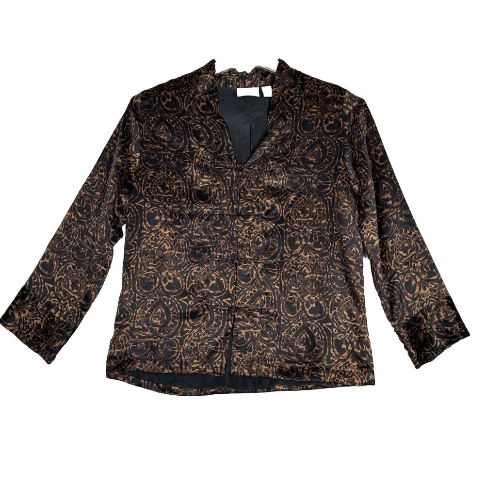 Chicos Blazer Womens Medium Brown Black Geometric‎ Asian Inspired Silk Classic